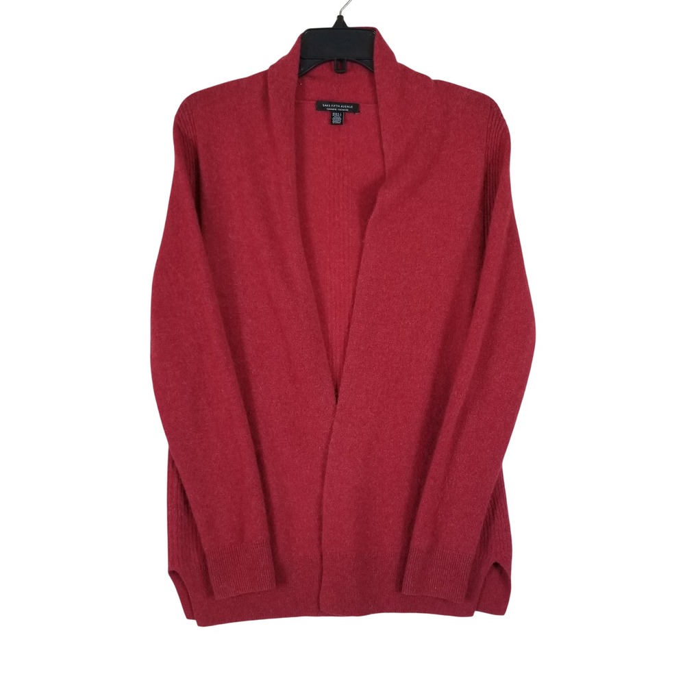 Saks Fifth Avenue Cardigan Women XS Red 100% Cashmere Shawl Collar Open Front